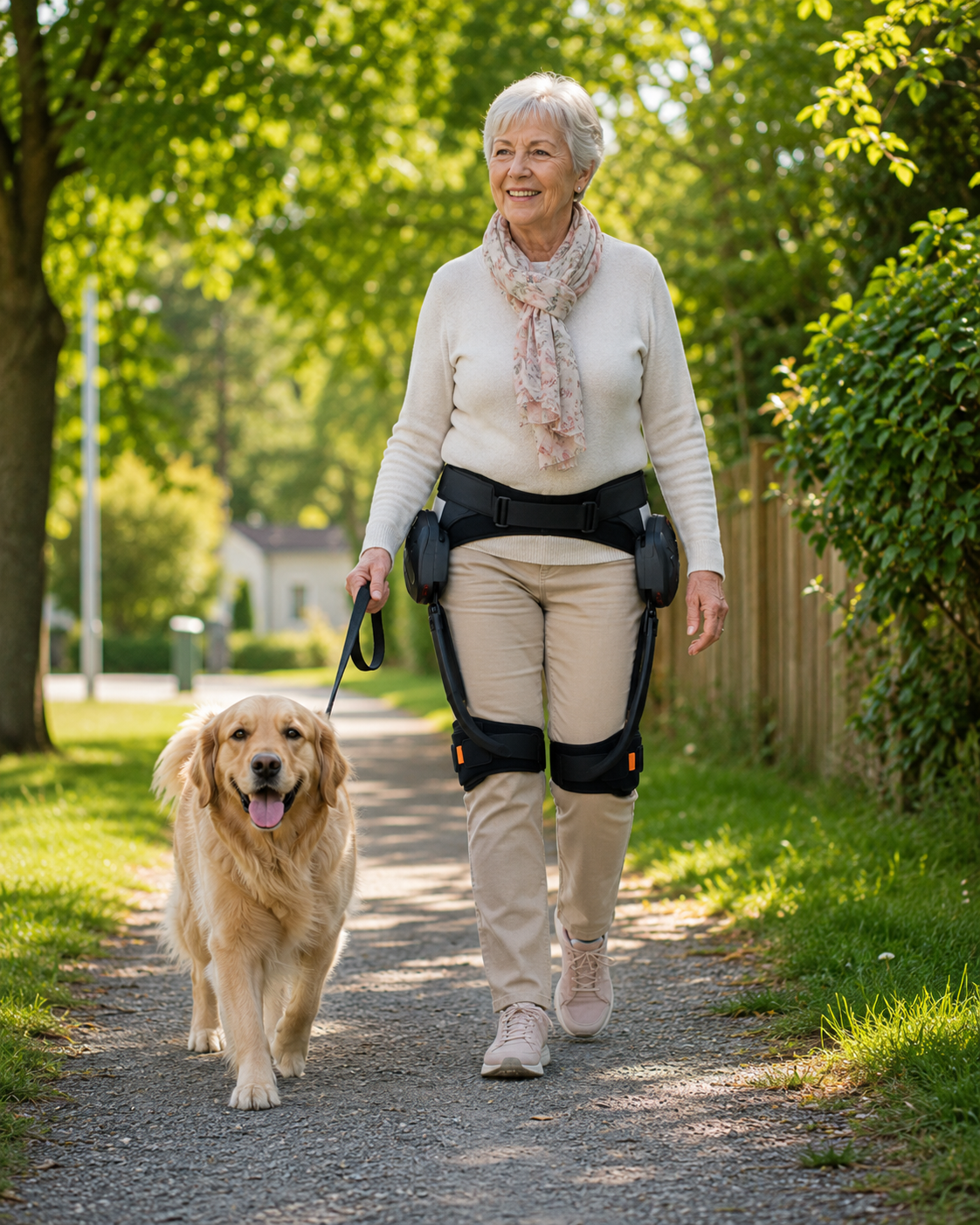 Äldre kvinna promenerar med hund och bär Exosteg Assist