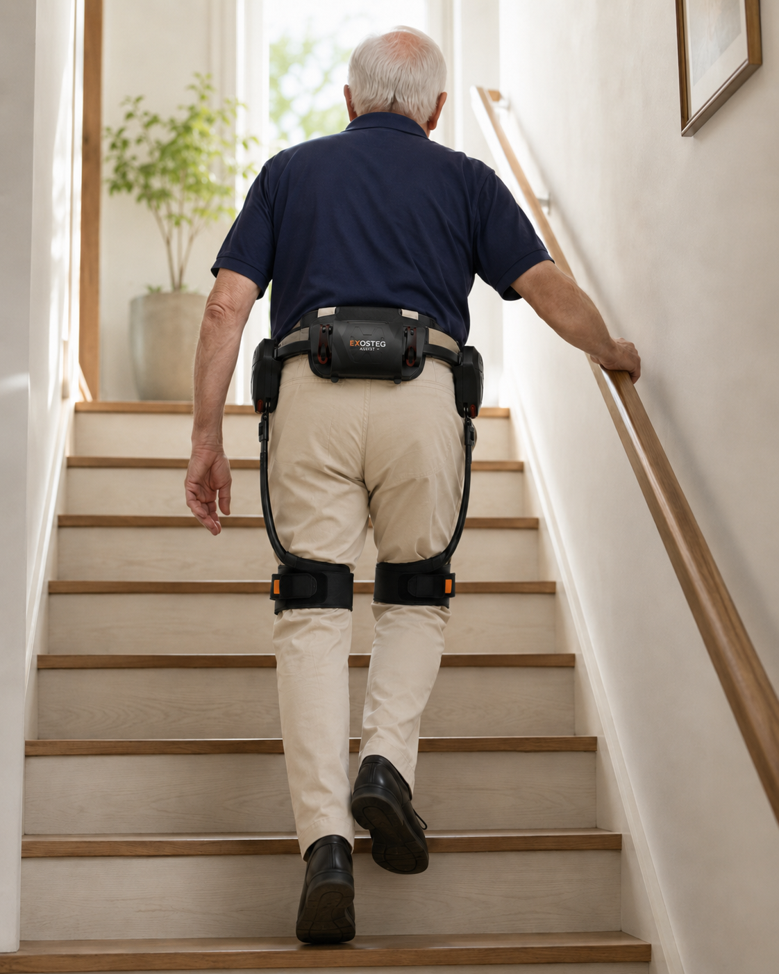 Äldre man går uppför trappan med Exosteg Assist